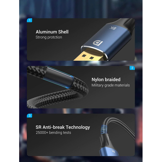Display Port кабел Vention v1.4 DP M / M 8K 2m - Cotton Braided, Blue Aluminum Alloy - HCELH