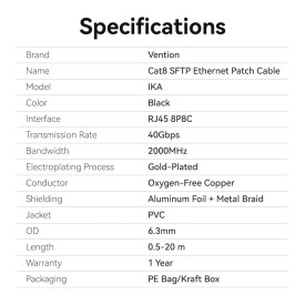 Мрежови кабел Vention SFTP Cat.8 Patch Cable - 3.0M Black 40Gbps - IKABI