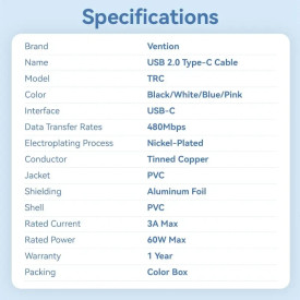 USB кабел Vention USB 2.0 C M / USB-C M 1.0m White - TRCWF