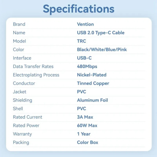 USB кабел Vention USB 2.0 C M / USB-C M 1.0m White - TRCWF