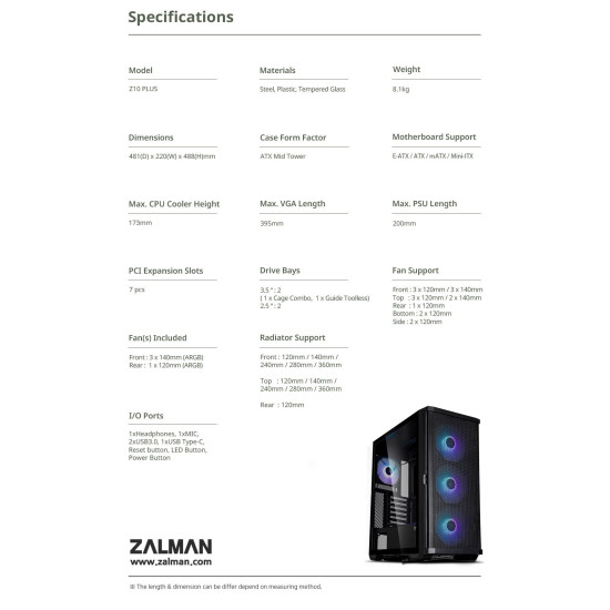 Кутия за компютър Zalman Case EATX - Z10 PLUS - Tempered Glass