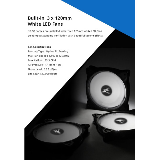 Кутия за компютър Zalman Case ATX - N5 OF - 3 x 120mm White LED