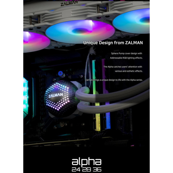 Водно охлаждане Zalman Water Cooling ALPHA 36 WHITE - Addressable RGB - LGA1700/AM5