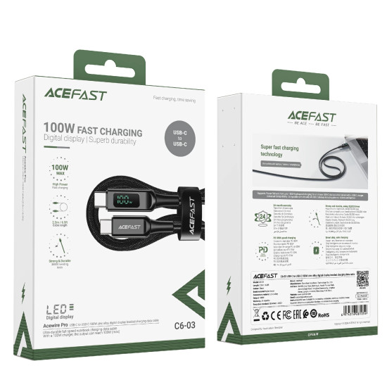 USB кабел Acefast USB-C to USB-C Cable 100W 2m with digital display - C6-03 - Black