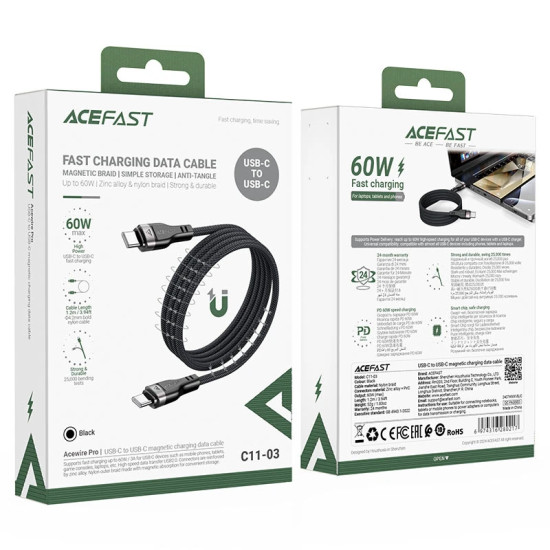 USB кабел Acefast USB-C to USB-C Cable 60W MAGNETIC 1.2m - C11-03 - Black