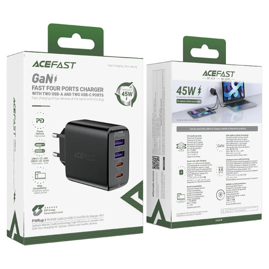 Зарядно Acefast Charger Wall GaN PD45W - A61 - USB-C x 2, USB-A x 2, Black