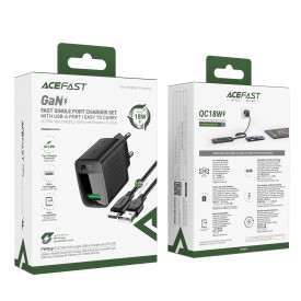 Зарядно Acefast Charger Wall GaN Quick Charge 18W - A90 with 1.2m cable - USB-A x 1, Black