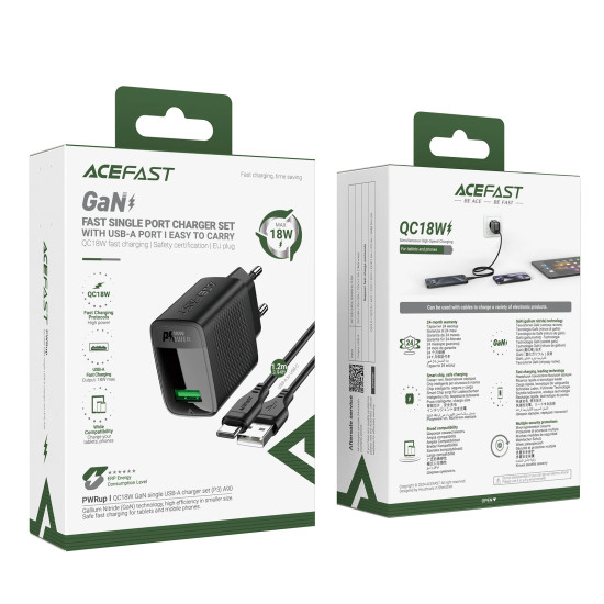 Зарядно Acefast Charger Wall GaN Quick Charge 18W - A90 with 1.2m cable - USB-A x 1, Black