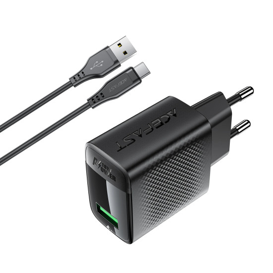 Зарядно Acefast Charger Wall GaN Quick Charge 18W - A90 with 1.2m cable - USB-A x 1, Black