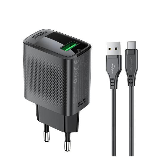Зарядно Acefast Charger Wall GaN Quick Charge 18W - A90 with 1.2m cable - USB-A x 1, Black