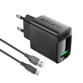 Зарядно Acefast Charger Wall GaN Quick Charge 18W - A90 with 1.2m cable - USB-A x 1, Black
