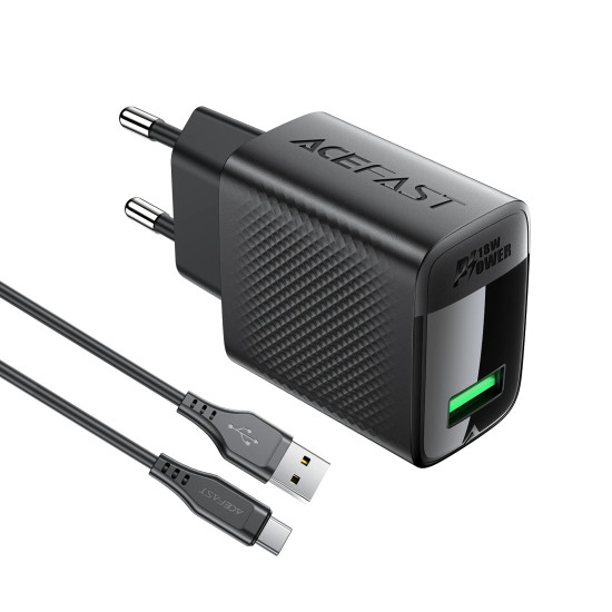 Зарядно Acefast Charger Wall GaN Quick Charge 18W - A90 with 1.2m cable - USB-A x 1, Black