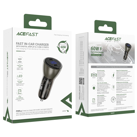 Зарядно за кола Acefast Fast Charger Car PD3.0 60W - B10 - USB-C x 2, Metal, Black
