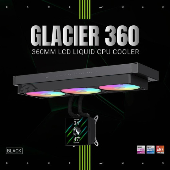 Водно охлаждане Gamemax Water Cooling GLACIER 360 LCD BK - Addressable RGB