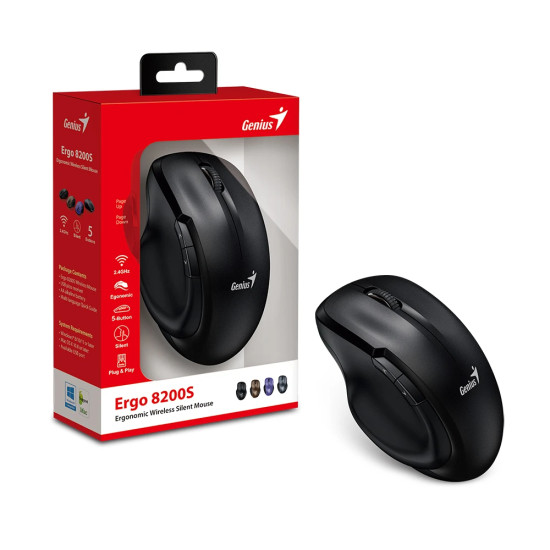 Безжина мишка Genius Mouse Wireless Silent - Ergo 8200S Black - Silent, 2.4GHz