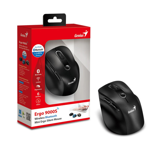 Безжична мишка Genius Wireless Silent Mouse Ergo 9000S - Silent, Bluetooth, 2.4G, Black