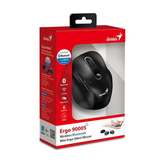 Безжична мишка Genius Wireless Silent Mouse Ergo 9000S - Silent, Bluetooth, 2.4G, Black