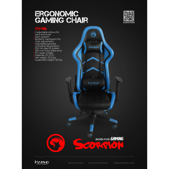 Геймърски стол Marvo Gaming Chair CH-106 Black/Blue