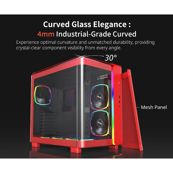 Кутия за компютър Montech KING 95 Pro, Dual Chamber Mid-tower Case, 6 ARGB Fans, 2 Front Panels, Red
