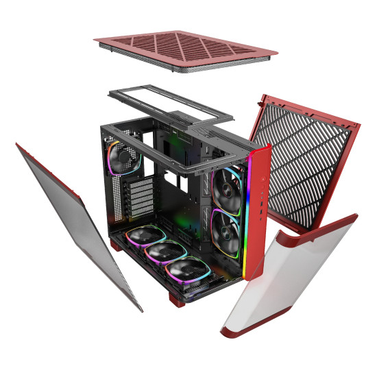 Кутия за компютър Montech KING 95 Pro, Dual Chamber Mid-tower Case, 6 ARGB Fans, 2 Front Panels, Red