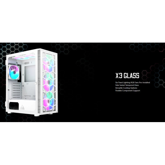 Кутия за компютър Montech X3 GLASS, Mid-tower Case, TG, 6 fixed RGB Fans, White