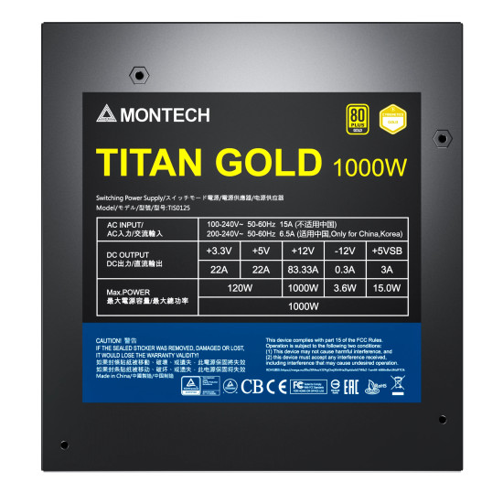 Захранване Montech TITAN GOLD 1000, PSU ATX3.0, 80 Plus Gold, Cybernetics Gold, Full Modular