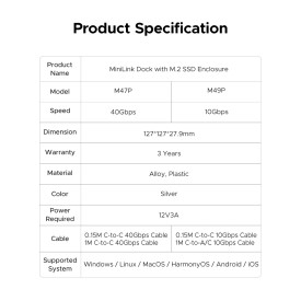 SDD докинг станция Orico M47PEUSV, M.2 NVMe x2, USB4 40Gbps, USB3.2 10Gbps x3, SD/TF, Silver