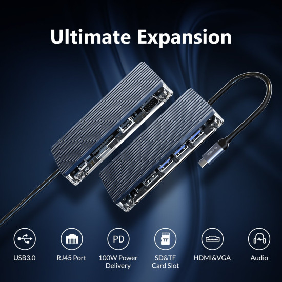 Докинг станция Orico Type-C Docking Station Power Distribution 3.0 100W - HDMI, Type-C x 1, USB3.0 x 3, USB 2.0 x 1, LAN, SD, VGA, Audio - WB-11P-GY