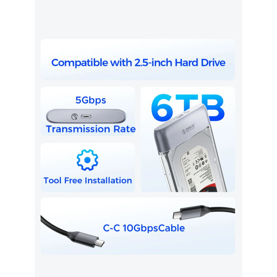 Външна кутия за диск Orico Storage - Case - 2.5 inch 5Gbps USB-C Transparent - TX25C3-GY-BP