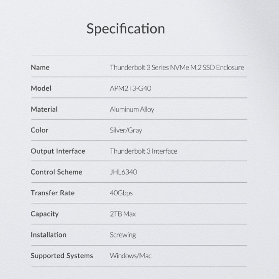 Външна кутия за диск Orico Storage - Case - M.2 NVMe M key - THUNDERBOLT 3 40Gbps - APM2T3-G40