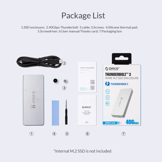 Външна кутия за диск Orico Storage - Case - M.2 NVMe M key - THUNDERBOLT 3 40Gbps - APM2T3-G40