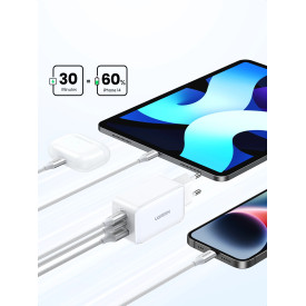 Зарядно Ugreen Charger Wall 65W GaN CD244, 1 x USB-A, 2 x Type-C, White - 15334