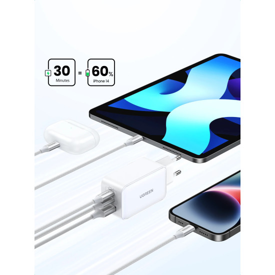 Зарядно Ugreen Charger Wall 65W GaN CD244, 1 x USB-A, 2 x Type-C, White - 15334