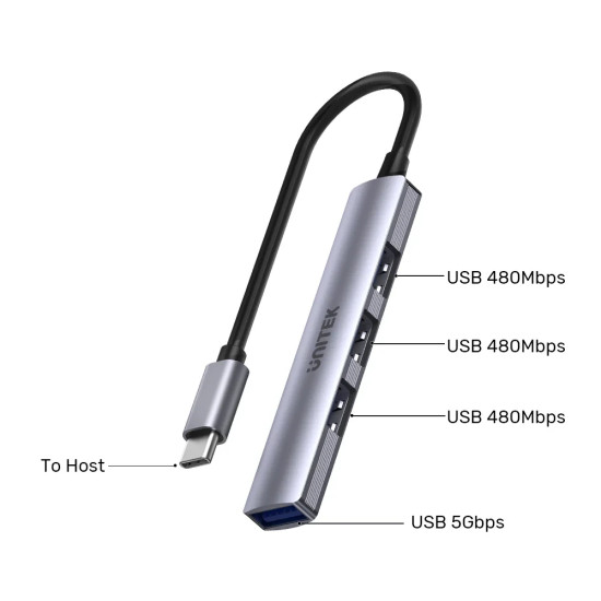 USB хъб Unitek USB3.0/2.0 HUB, 4 порта, USB-C вход, H1208B
