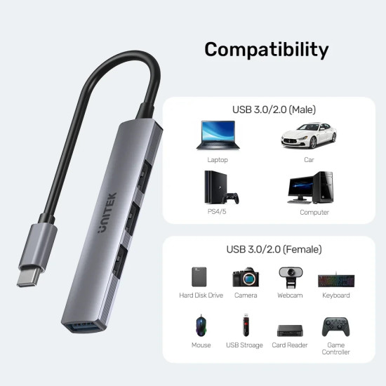 USB хъб Unitek USB3.0/2.0 HUB, 4 порта, USB-C вход, H1208B