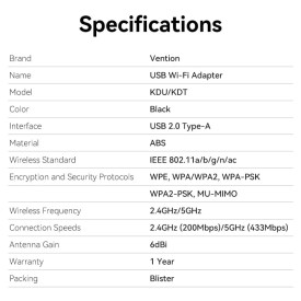 USB WiFi адаптер Vention Dual Band, 650Mbps, Black - KDTB0