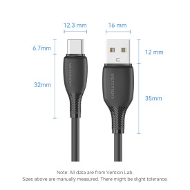 USB кабел Vention USB 2.0 A Male to C Male 3A 0.25M Black - CTWBC