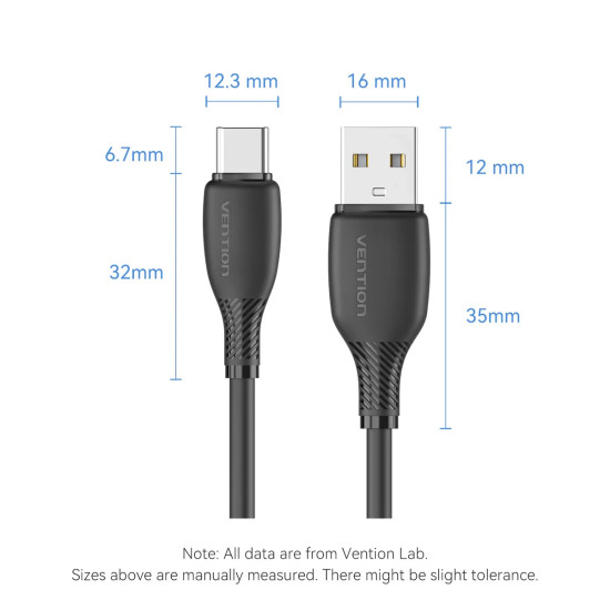 USB кабел Vention USB 2.0 A Male to C Male 3A 0.25M Black - CTWBC