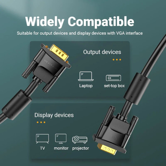 VGA кабел за монитор Vention HD15 M / M 2.0m Gold Plated, 2 Ferrites - DAEBH