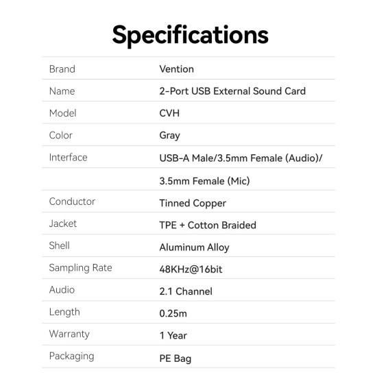 Външна звукова карта Vention USB Sound card 2-Port 0.25M Gray - CVHHC