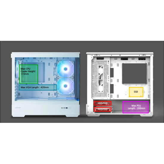 Кутия за компютър Zalman Case mATX - P30 White - aRGB, Tempered Glass