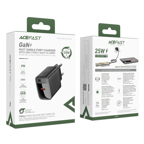 Зарядно Acefast Charger Wall GaN PD25W - A104 - USB-C x 1, Black