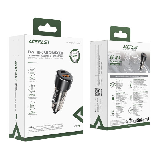 Зарядно за кола Acefast Fast Charger Car PD3.0 60W - B12 - USB-C x 1, USB-A x 1, Black