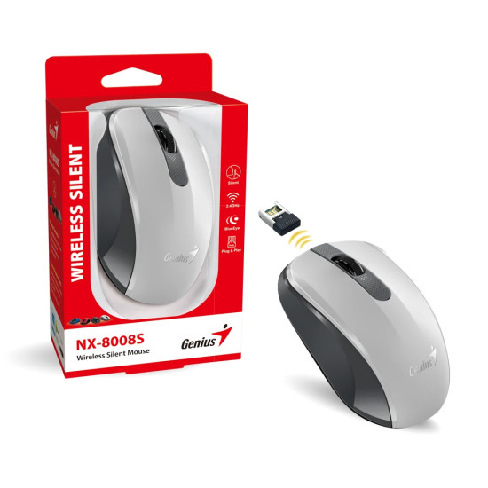 Безжина мишка Genius Wireless Silent Mouse - NX-8008S White+Gray - Silent, 2.4GHz