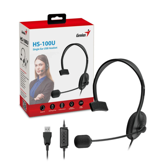 Слушалки Genius Single Ear Headset - HS-100U, Mic, USB, Black