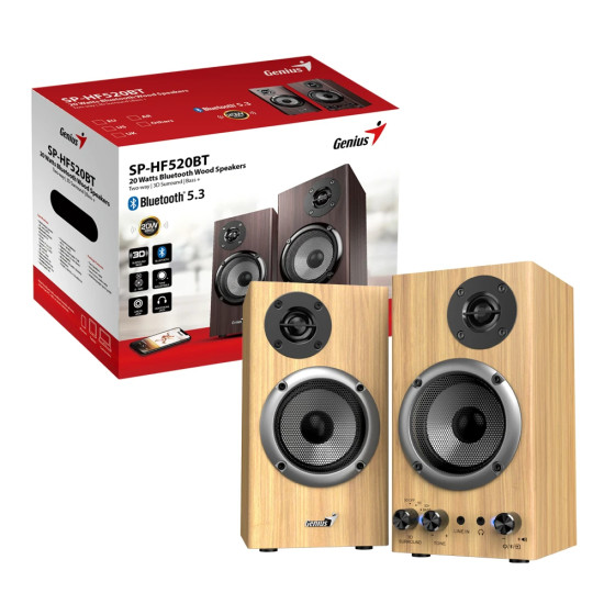 Тонколони Genius Speakers 2.0 - SP-HF520BT - 20W RMS, Bluetooth, 3D Surround, Pine Wood