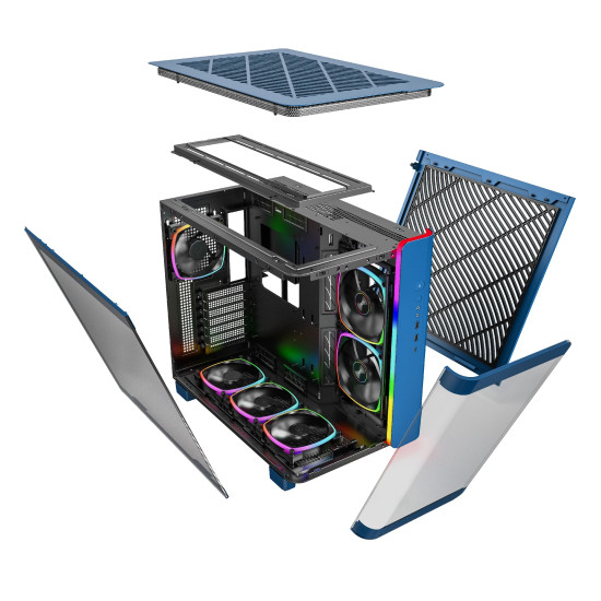 Кутия за компютър Montech KING 95 Pro, Dual Chamber Mid-tower Case, 6 ARGB Fans, 2 Front Panels, Prussian Blue