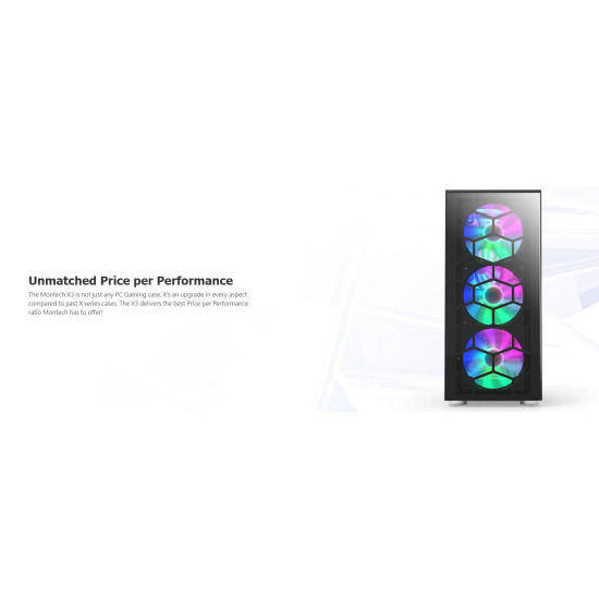Кутия за компютър Montech X3 GLASS, Mid-tower Case, TG, 6 fixed RGB Fans, Black