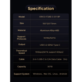 HDD докинг станция Orico IT28ECEUGY, 2-Bay HDD/M.2 NVMe, USB-C/USB-A, Offline Clone, Grey