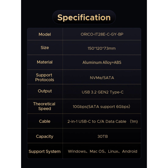 HDD докинг станция Orico IT28ECEUGY, 2-Bay HDD/M.2 NVMe, USB-C/USB-A, Offline Clone, Grey